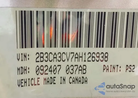 2010 Dodge Charger Sxt из США, поврежденный, VIN 2B3CA3CV7AH126938